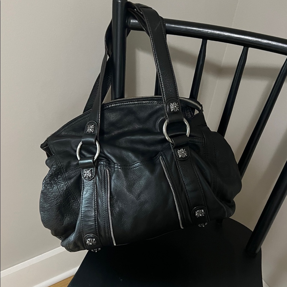 B. Makowsky Black Pebbled Leather Large Slouchy Moto Hobo Bag - Picture 3 of 11